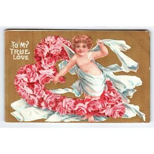 Valentine Postcard Cherub Angel Striped Gold Background To My True Love Germany